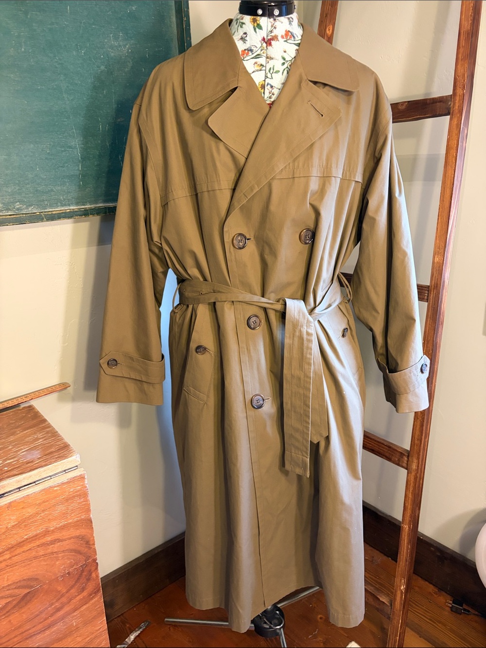 London Fog Tan Double-Breasted Trench Coat with Waist Belt